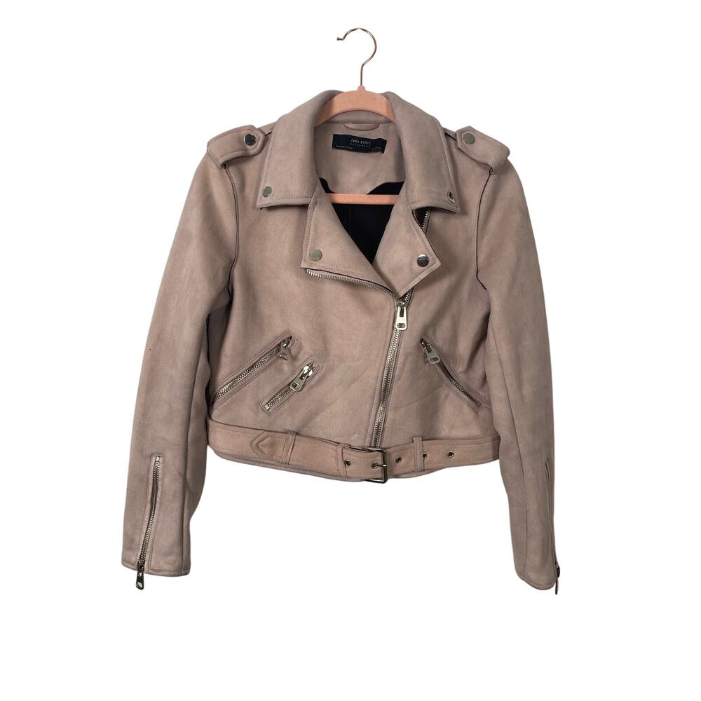 Zara Moto Biker Crop Jacket Pink Suede Zip Up Belted Size M